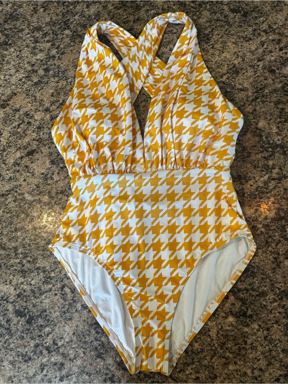 one piece swimsuit halter top yellow white Woman’s size M cross deep V Swim RX